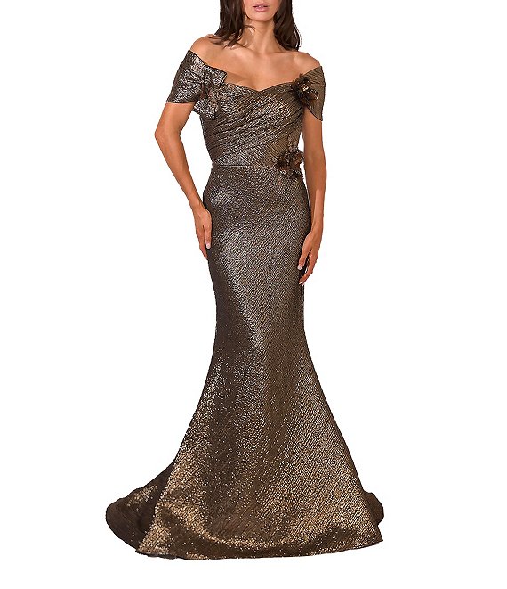 Terani Couture Metallic Off-the-Shoulder Cap Sleeve Mermaid Gown