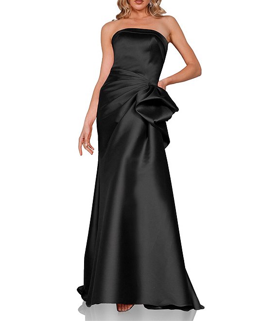 Terani Couture Mikado Strapless Side Ruffle A-Line Gown, Black - Image 1