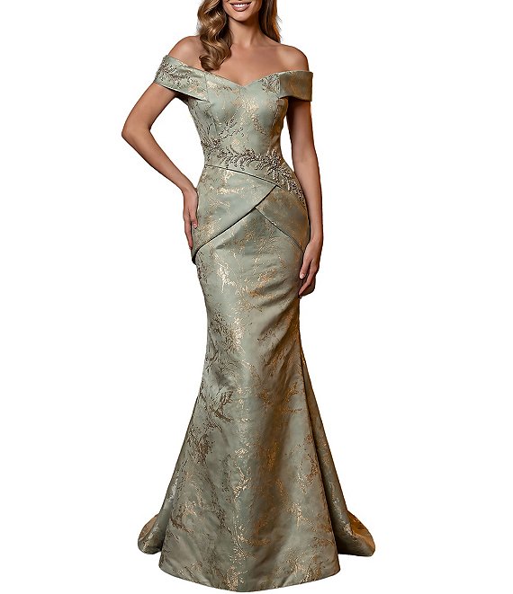 Terani Couture Off Shoulder Jacquard Long Gown