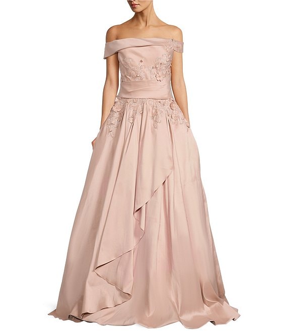 Color:Rose Blush - Image 1 - Off-the-Shoulder 3D Floral Detailed Embroidered Cascading Ball Gown