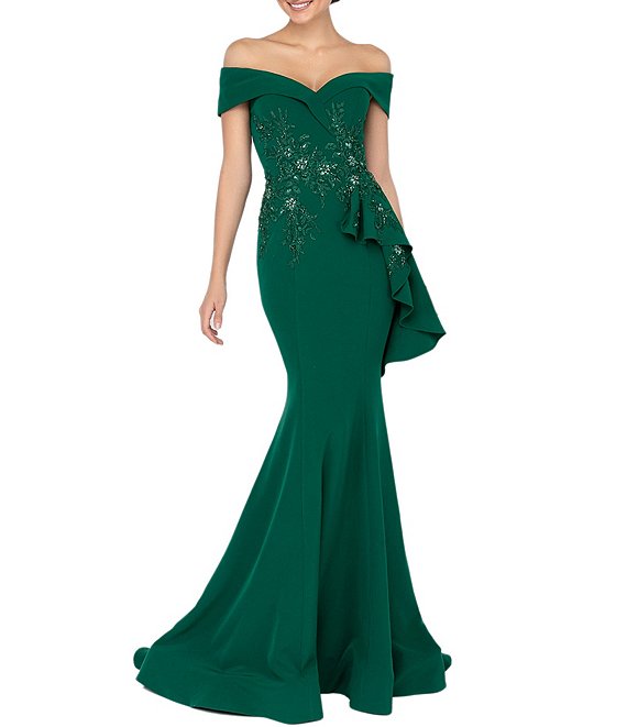 Color:Emerald - Image 1 - Off-the-Shoulder Short Sleeve Peplum Beaded Applique Mermaid Gown