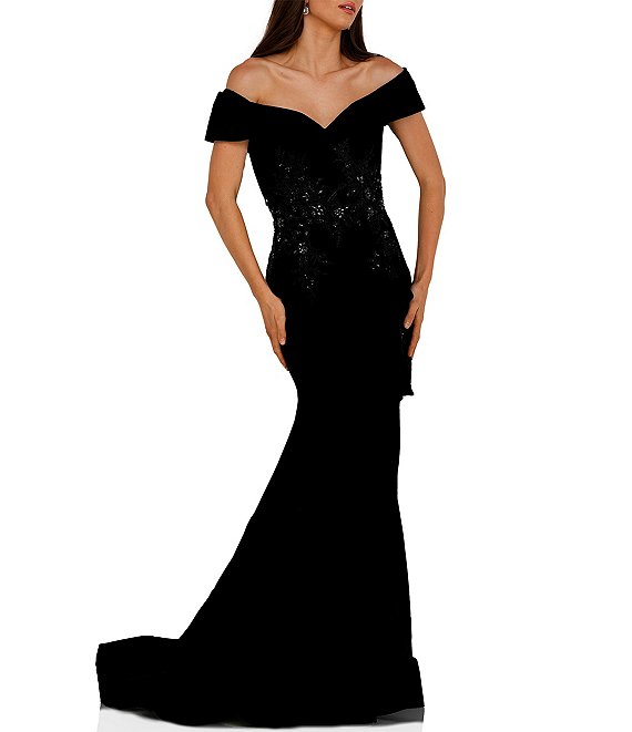 Terani Couture Off-the-Shoulder Short Sleeve Peplum Beaded Applique Mermaid Gown