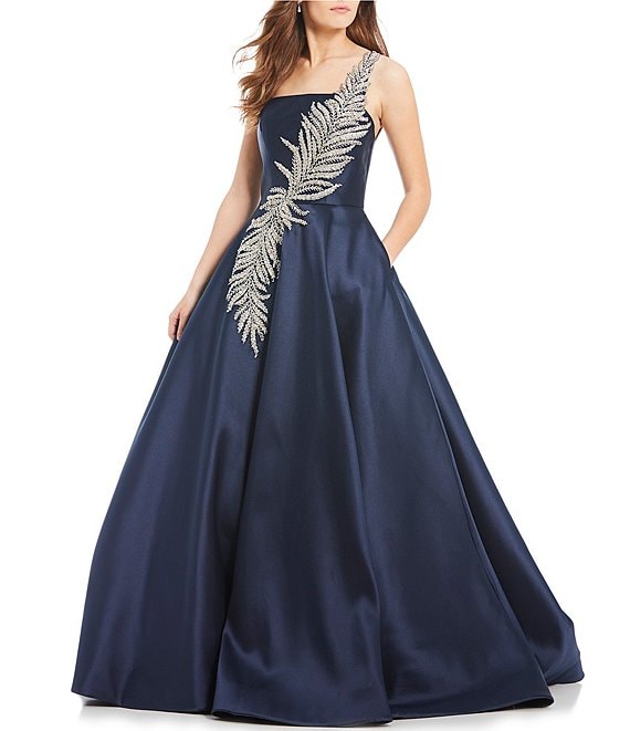Color:Navy - Image 1 - Sleeveless One Shoulder Beaded Strap Back Detail Ball Gown