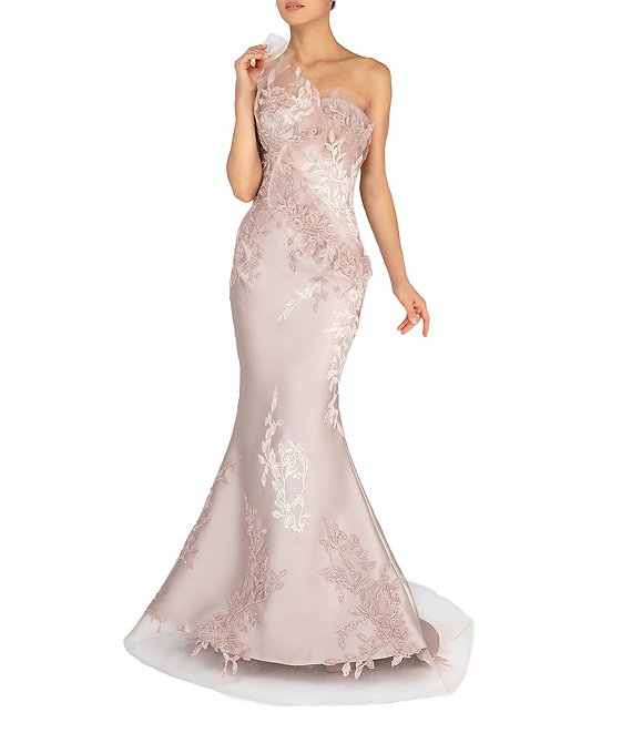 Color:Champagne - Image 1 - One Shoulder Beaded Tulle Mermaid Gown