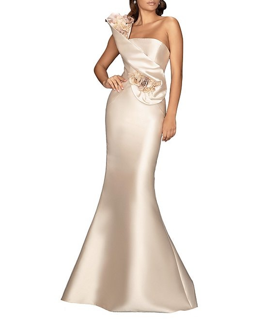 Color:Champagne - Image 1 - One Shoulder Sleeveless Beaded Mermaid Gown