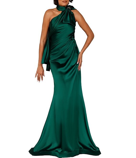 Color:Emerald - Image 1 - Satin Beaded Bow Halter Neckline Sleeveless Sheath Gown