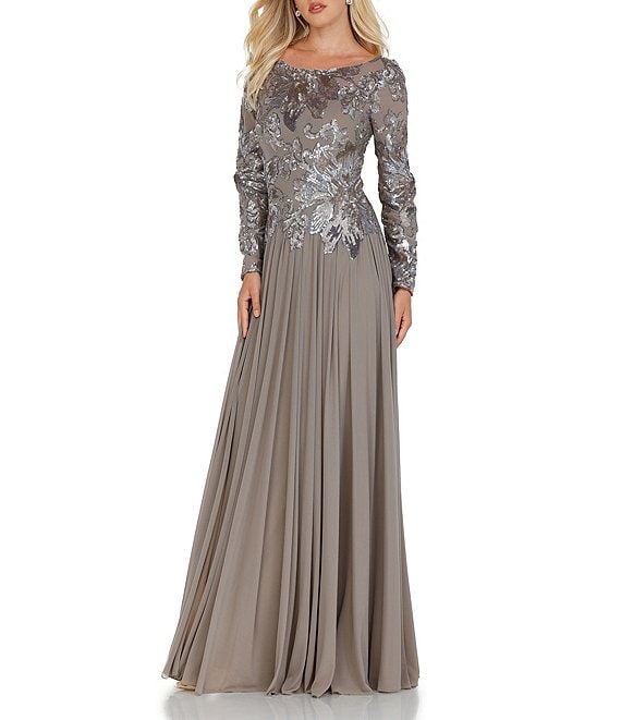 Terani Couture Sequin Boat Neck Long Sleeve A-Line Gown | Dillard's