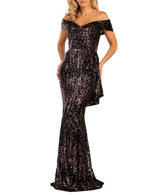 Terani Couture Sequined Off-the-Shoulder Sweetheart Neck Cascading Ruffle Detail Mermaid Gown