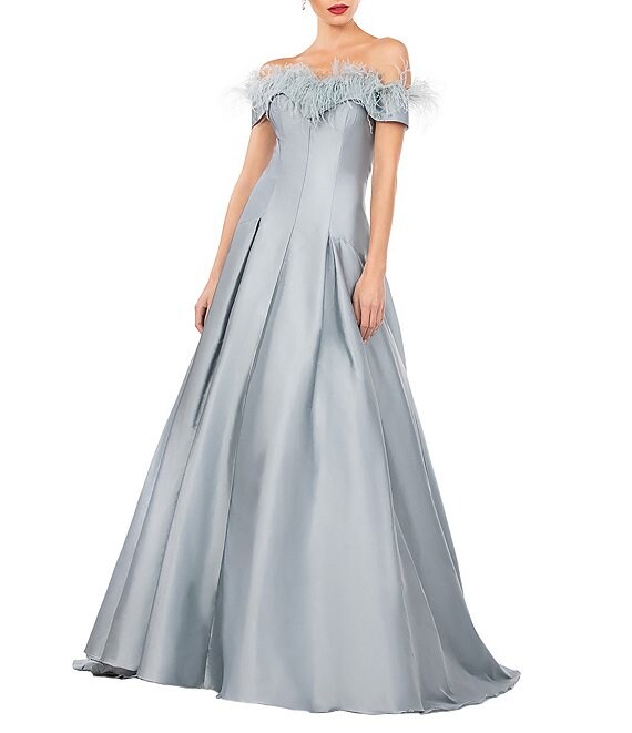 Color:Mist - Image 1 - Taffeta Off-the-Shoulder Sweetheart Neck Feather Trim Ballgown
