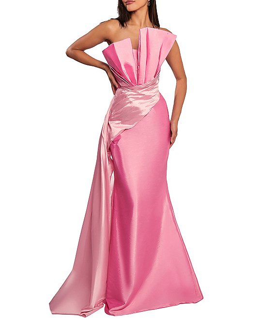 Terani Couture Taffeta Strapless Asymmetrical Bodice Two-Tone Drape Mermaid  Dress