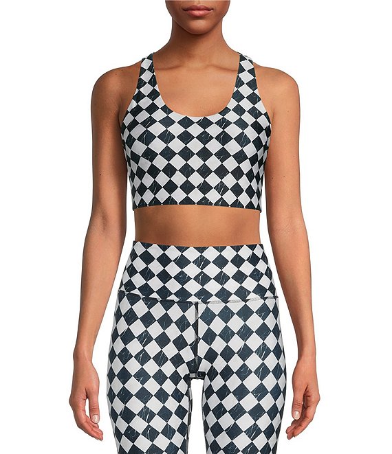 Color:Multi - Image 1 - Dance Floor Black and White Checkered Print High Shine Racerback Coordinating Sports Bra