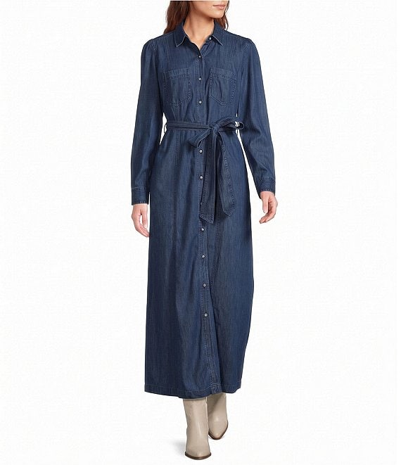 The Normal Brand Denim Point Collar Belted Button Front Shirt Dress