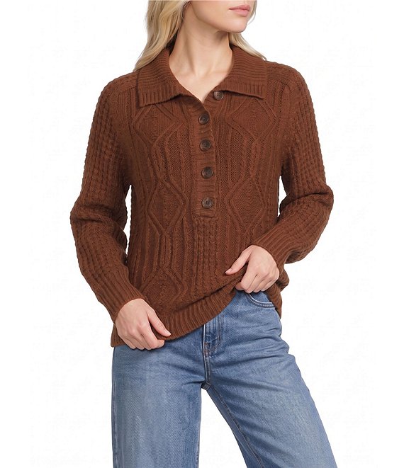 The Normal Brand Mabel Cable Knit Quarter Button Placket Popover Sweater