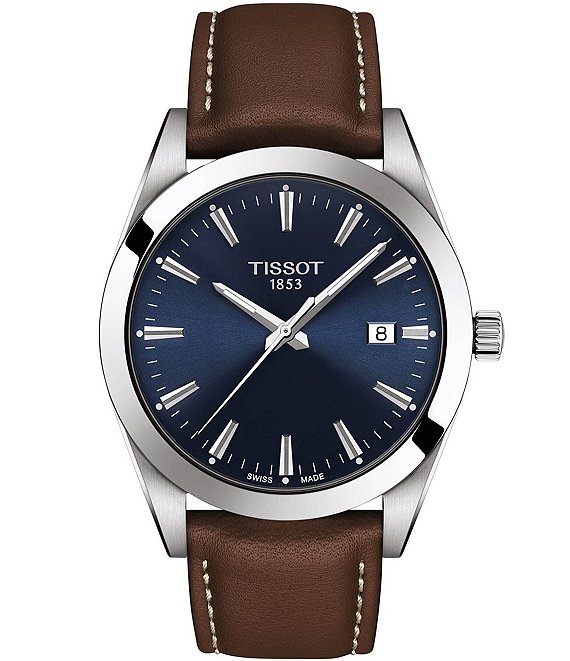 blue watch with brown leather strap