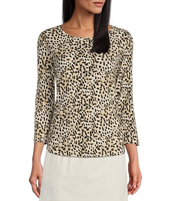 Color:Black - Image 1 - Ashby Isle Lagoon Leopard Print Knit Jersey Crew Neck 3/4 Sleeve High-Low Tee