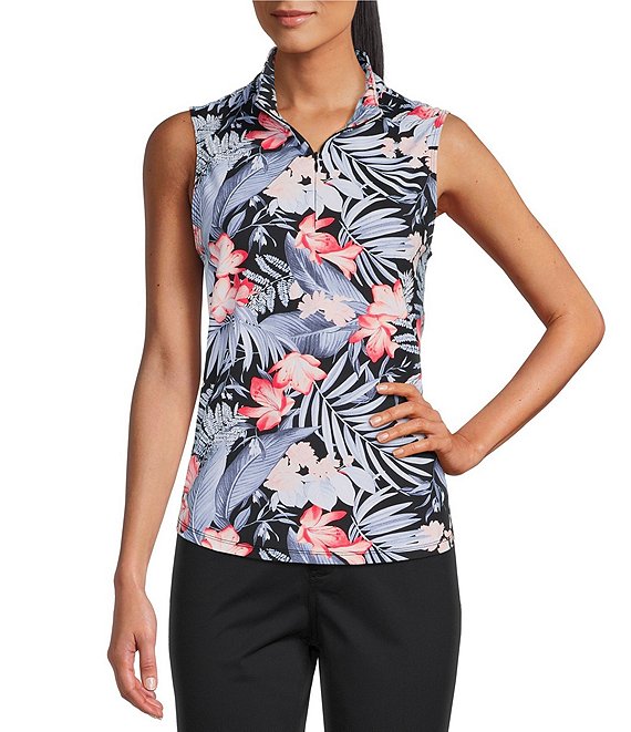 Color:Black - Image 1 - IslandZone® Aubrey Knit Delicate Floral Print Mock Neck Sleeveless High-Low Hem Top