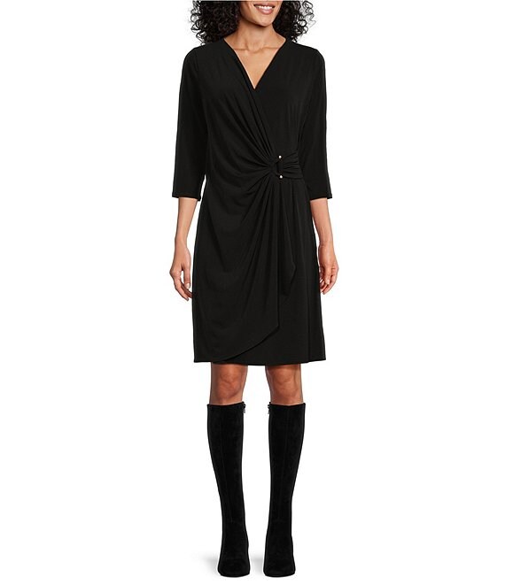 Color:Black - Image 1 - Clara Matte Jersey Knit Surplice V-Neck 3/4 Sleeve Faux-Wrap Dress