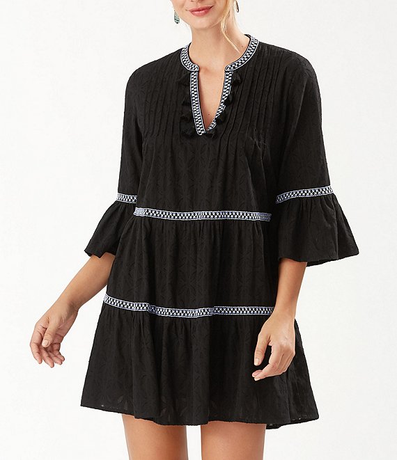 Color:Black - Image 1 - Cotton Clip Embroidered Tier Swim Cover Up Dress