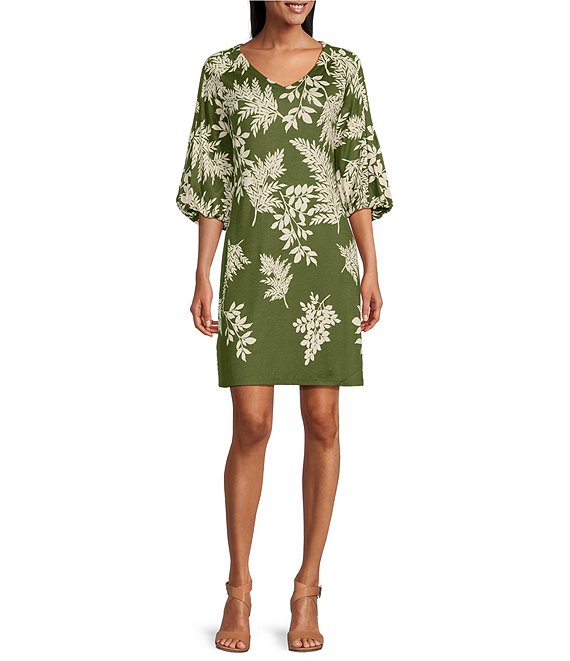 Color:Olive Tree - Image 1 - Darcy Whisper Fronds Stretch Knit Engineered Print V-Neck 3/4 Lined Sleeve A-line Dress