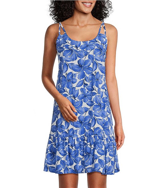 Color:White/Blue Floral - Image 1 - Floral Print Sleeveless Tiered Ruffled Hem Woven Chemise