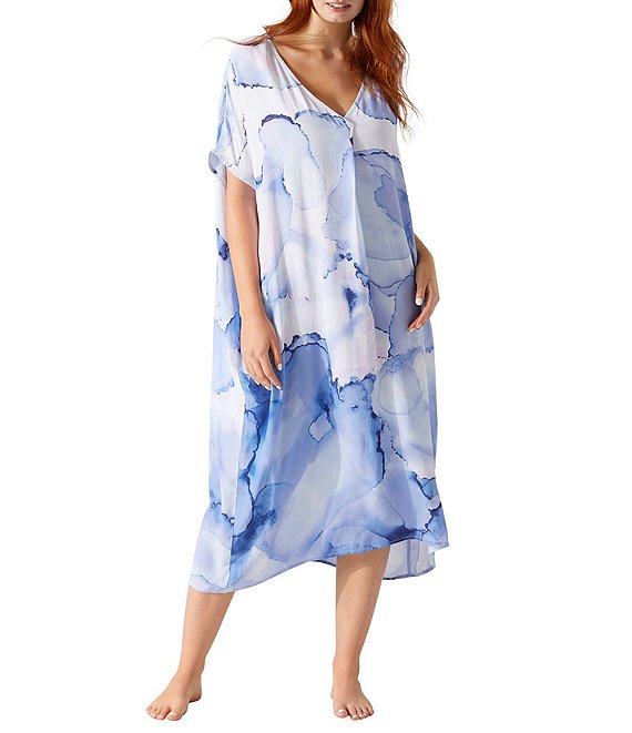 Color:Blue Monday - Image 1 - Island Cays Abalone Printed V-Neck Short Sleeve Long Caftan Swim Cover-Up
