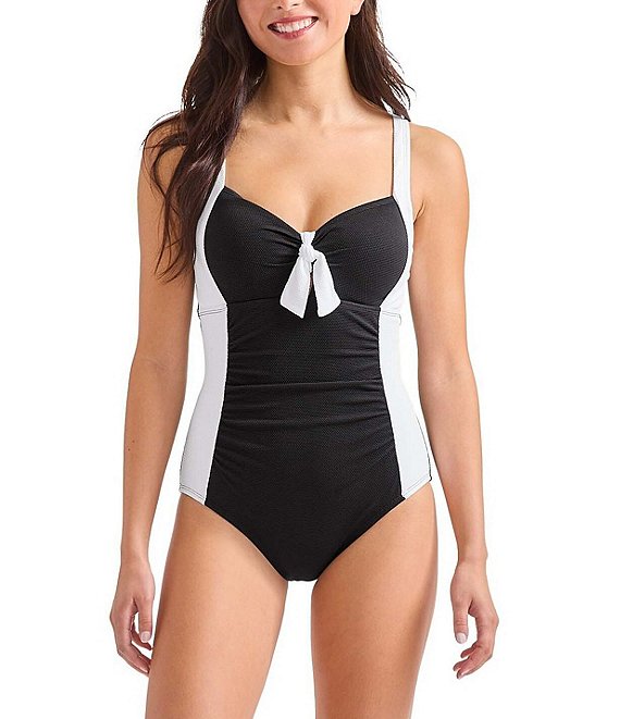 Tommy Bahama Island Cays Color Block Tie Front Tummy Control Tank One Piece Swimsuit, White - Image 1