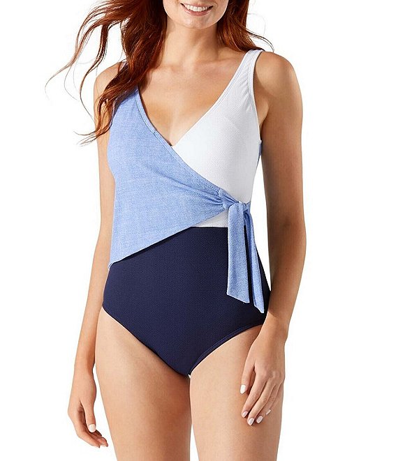 Color:Blue Monday Heather - Image 1 - Island Cays Color Blocked Wrap Front Tummy Control One-Piece Swimsuit