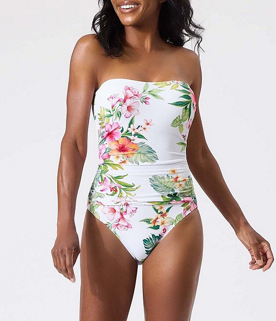 Tommy Bahama Island Cays Floral Print Bandeau Tummy Control One Piece  Swimsuit