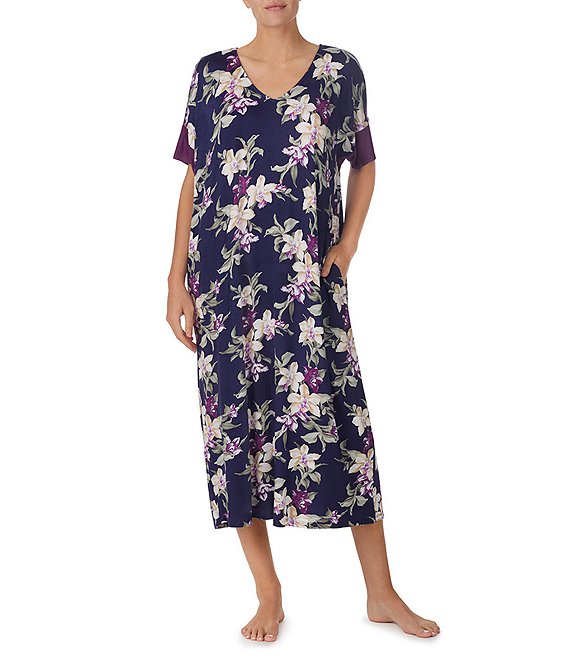 Tommy Bahama Knit Navy Floral Short Sleeve V-Neck Long Caftan | Dillard's