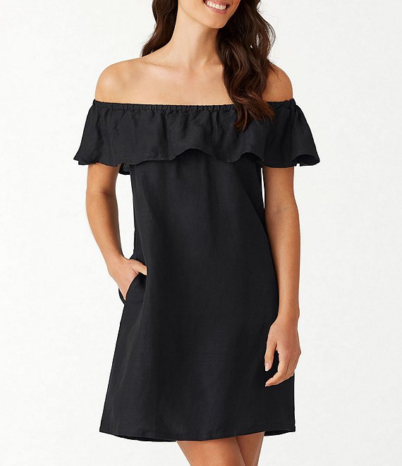 Color:Black - Image 1 - Dyed Linen Off-the-Shoulder Swim Cover Up Dress