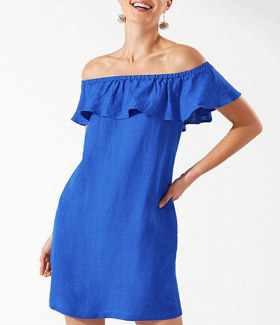 Color:Beaming Blue - Image 1 - Linen Dye Off-the-Shoulder Swim Cover Up Dress