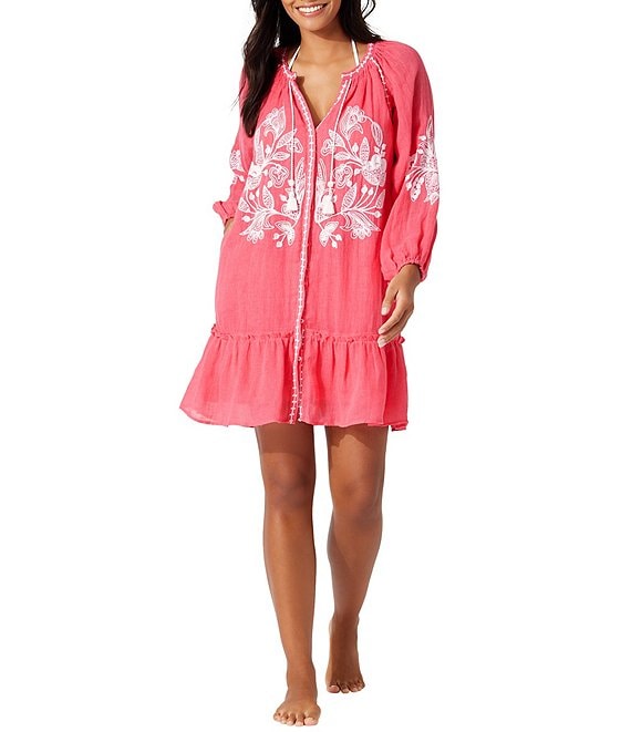 Tommy Bahama Linen Blend Gauze Embroidered Split V-Neck Tunic Swim ...