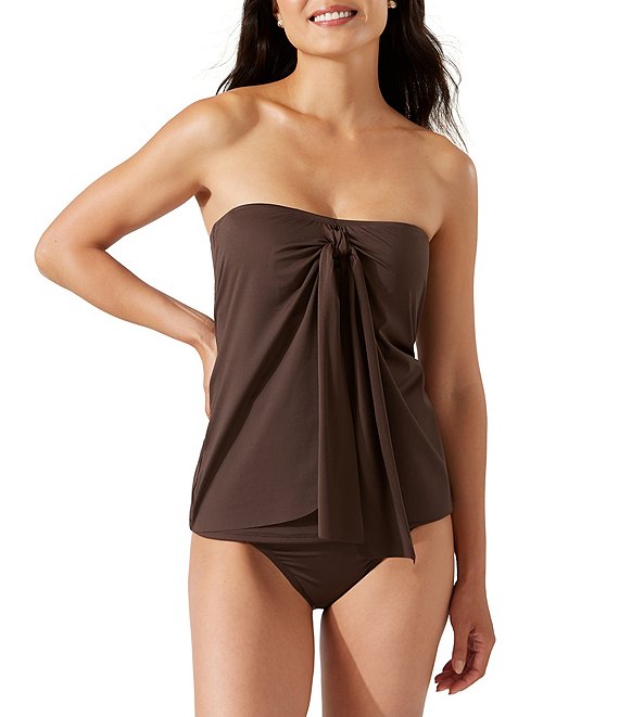 Color:Double Chocolate - Image 1 - Pearl Solids Sarong Wrap Bandini Tummy Control Swim Top