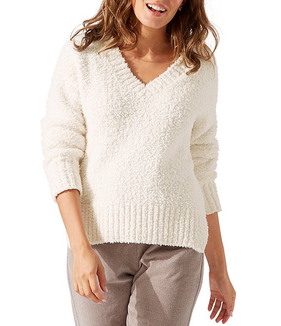 Color:Blanca - Image 1 - Sea Lux Long Sleeve V-Neck Side Slit Sweater