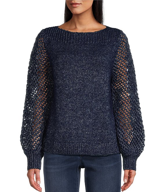 Color:Island Navy - Image 1 - Metallic Shimmer Boat Neck Long Balloon Sleeve Wool Blend Sweater