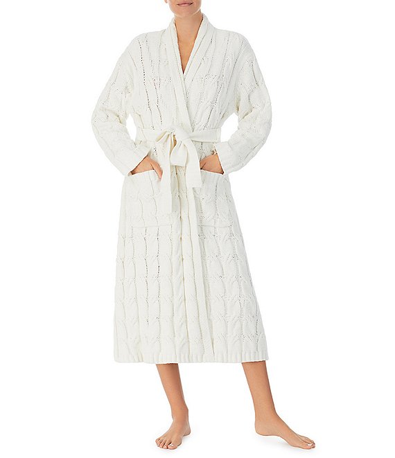 Tommy Bahama Solid Cable Knit Matte Chenille Patch Pocket Shawl Collar Long Sleeve Knit Cozy Robe