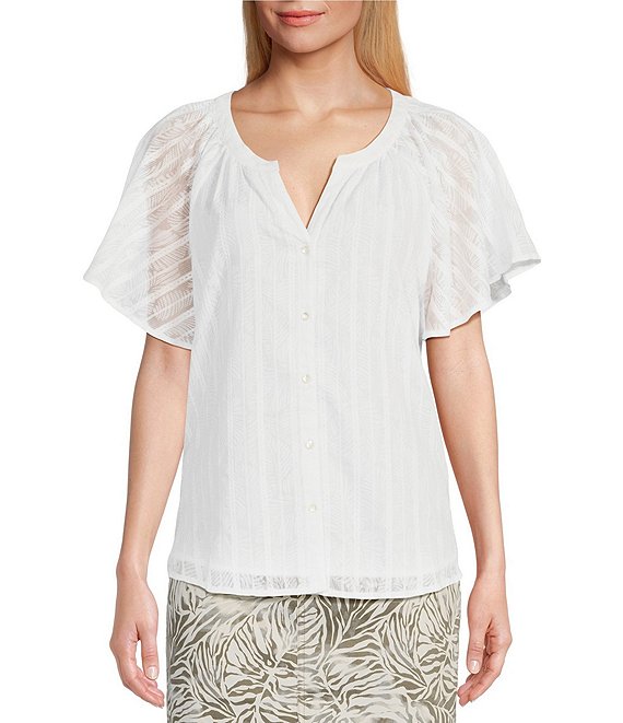 Tommy Bahama Split Round Neck Short Flutter Sleeve Button Down Top ...
