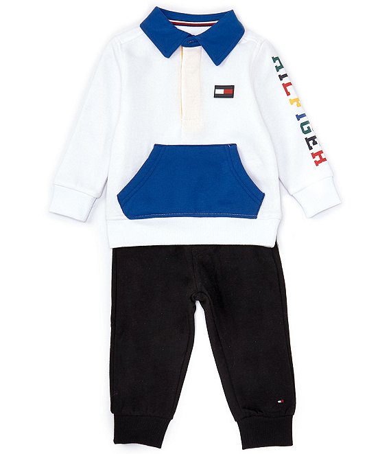 Tommy Hilfiger Baby Boys 12-24 Months Long Sleeve Color Block Rugby Polo Sweatshirt & Solid Jogger Pant Set