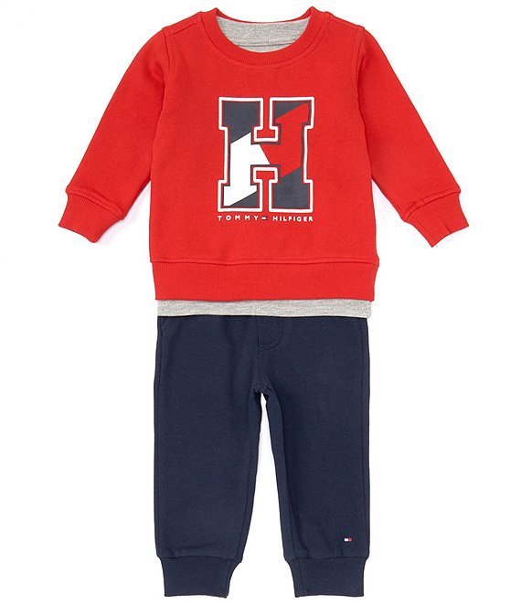 Color:Assorted - Image 1 - Baby Boys 12-24 Months Long Sleeve Fleece Monogrammed Sweatshirt, Short Sleeve Knit Tee & Fleece Jogger Pant Set
