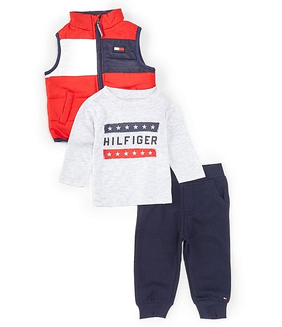 Tommy Hilfiger Baby Boys 12-24 Months Sleeveless Color Block Puffer Vest, Logo Knit T-Shirt & Solid Fleece Jogger Pant Set