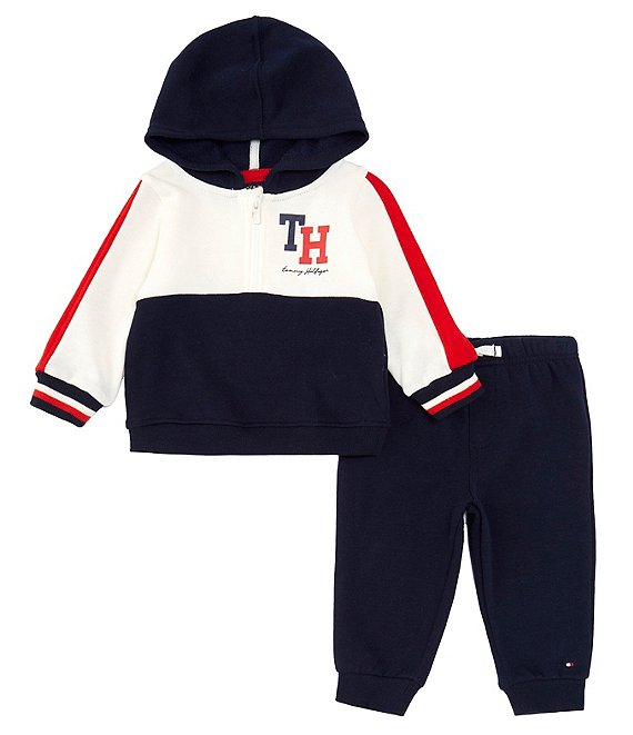 Color:Assorted - Image 1 - Baby Boys 3-24 Months Long Sleeve Logo Detailed Color Block Fleece Hoodie Jacket & Solid Fleece Jogger Pant Set
