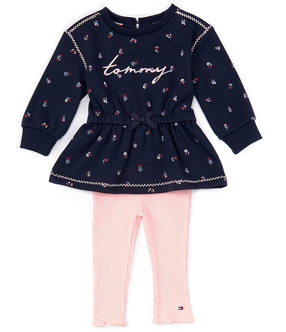 Color:Assorted - Image 1 - Baby Girls 12-24 Months Long Sleeve Allover Icon Flag Logo Fleece Tunic Top & Solid Rib Knit Leggings Set