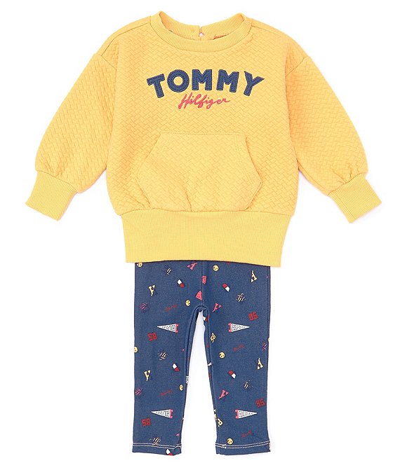 Tommy Hilfiger Baby Girls 12-24 Months Long Sleeve Quilted Logo Double-Knit Sweatshirt & Printed Denim-Look Knit Leggings Set