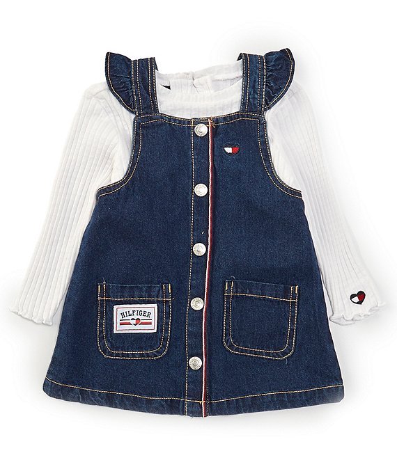 Tommy Hilfiger Baby Girls 12 24 Months Ruffled Strap A Line Denim Jumper Dress Long Sleeve Rib Knit T Shirt Set