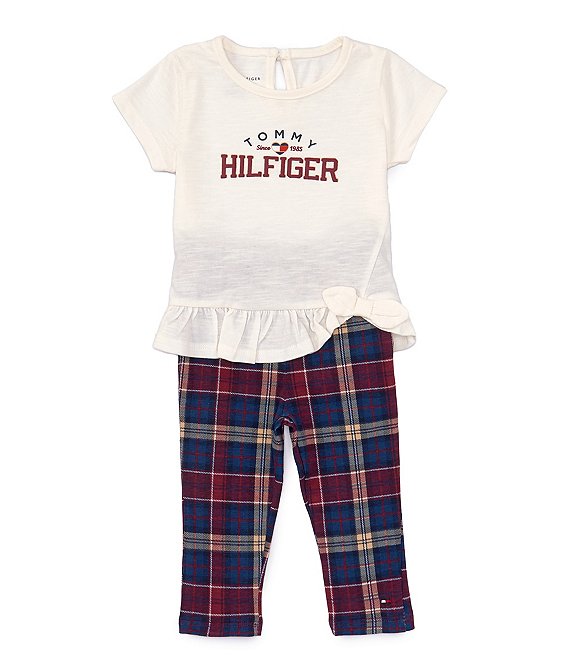 Tommy Hilfiger Baby Girls 12-24 Months Short Sleeve Logo Tunic Top & Plaid Leggings Set