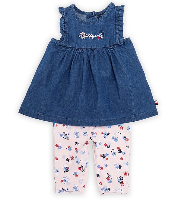 Tommy Hilfiger Baby Girls 12-24 Months Sleeveless Denim Tunic &  Floral-Printed Capri Leggings Set
