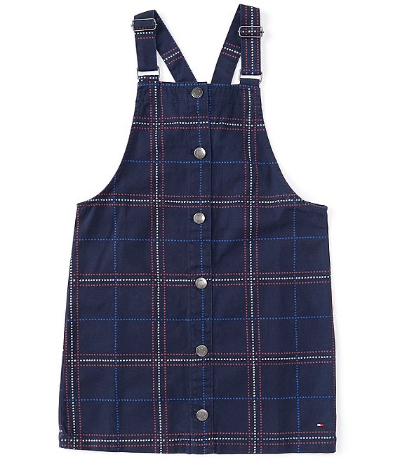 Tommy Hilfiger Big Girls 7-16 Sleeveless Button-Front Windowpane Twill Overall Dress