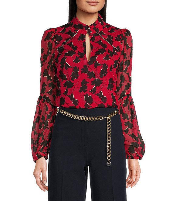 Color:Scarlet/Black - Image 1 - Chiffon Mock Neck Long Sleeve Abstract Floral Blouse