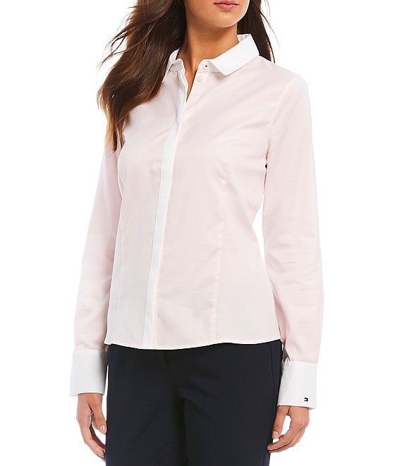 Color:Balma Pink - Image 1 - Contrast Trim Long Sleeve Poplin Point Collar Oxford Shirt