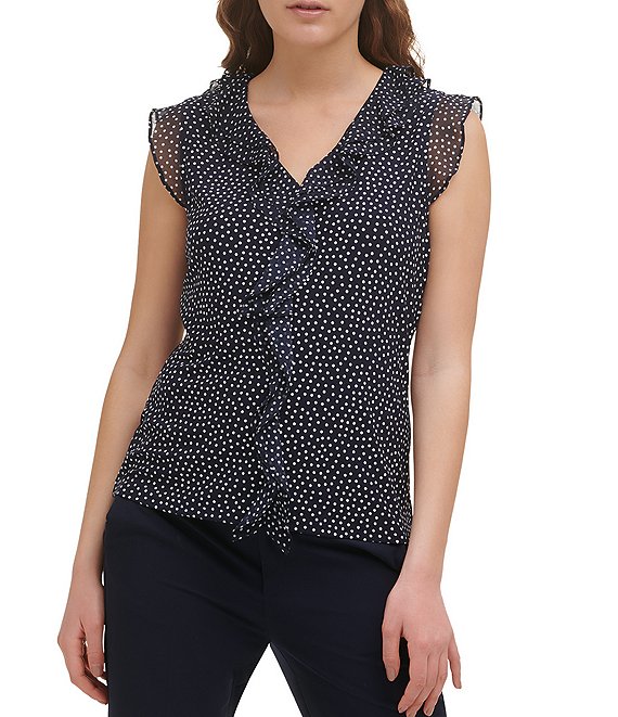 Color:Midnight/Ivory - Image 1 - Dotted Mixed Media Ruffle Front Sleeveless V-Neck Top